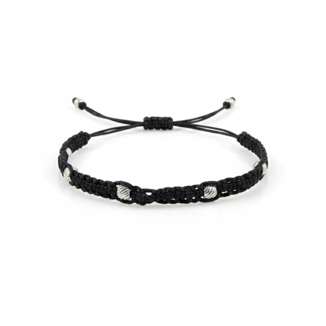 925 Silver Textured Beads Black Thread Bracelet