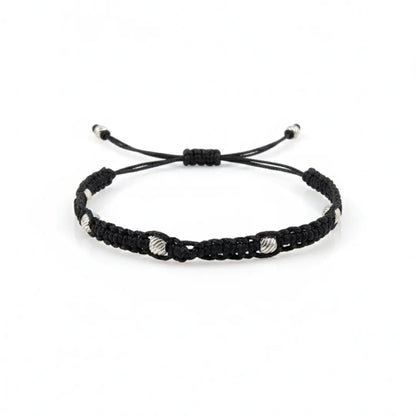 925 Silver Textured Beads Black Thread Bracelet