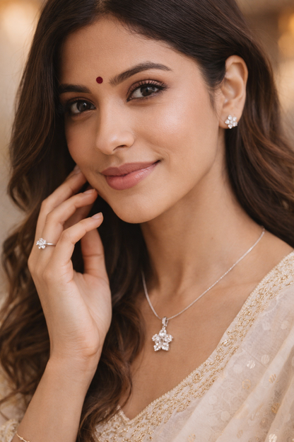 Elegant Silver Zircon Floral Pendant With Chain