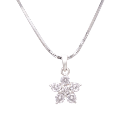 Elegant Silver Zircon Floral Pendant With Chain