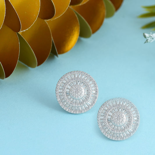 Elegant Silver Round CZ Halo Stud Earrings