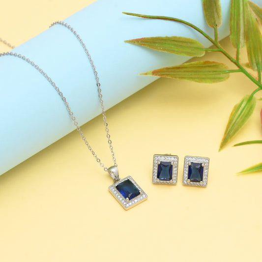 Blue Gemstone Rectangular Silver Pendant & Earring Set