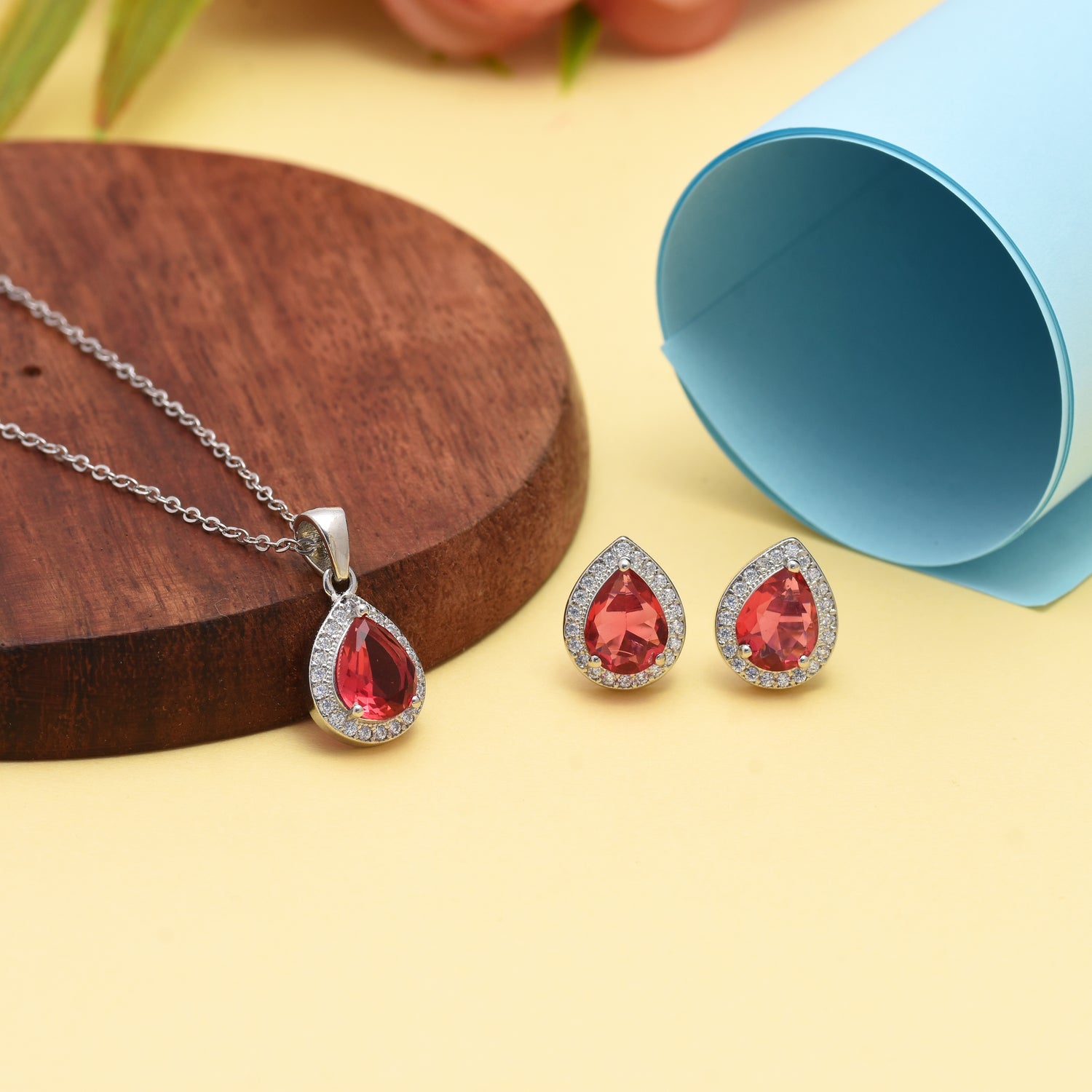 Ruby Red Teardrop Pendant & Earring Set - KYAT
