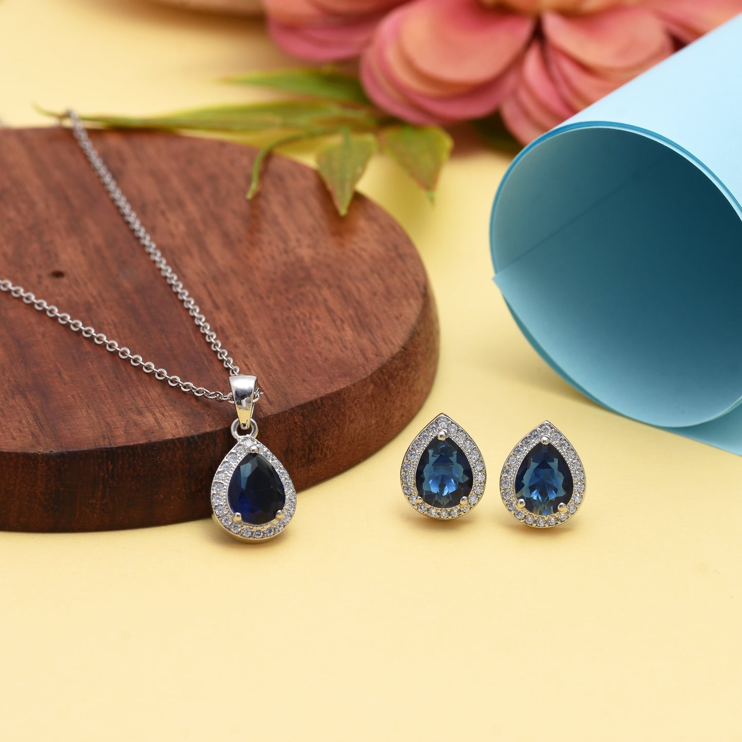 Blue Gemstone Tear Drop Silver Pendant and Earring Set