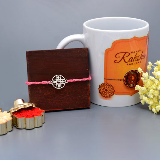 silver rakhi with mug
