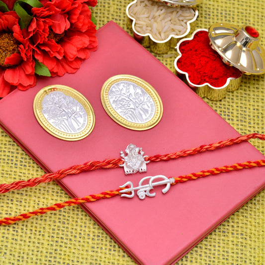 ganesh ji and om with trishul silver rakhi