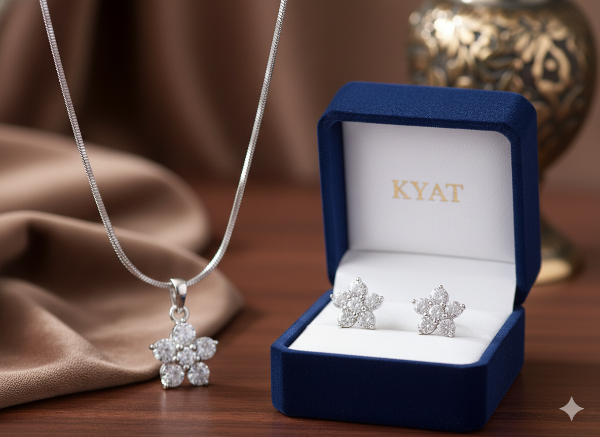 Silver Star Zircon Set( Pendant+Earrings+Silver Chain)