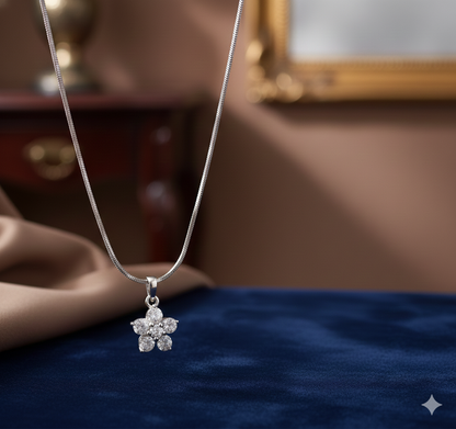 Elegant Silver Zircon Floral Pendant With Chain