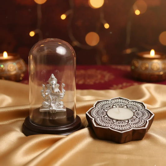 Kyat Pure Silver Lord Ganesha Idol with Festive Mandala Diya Combo
