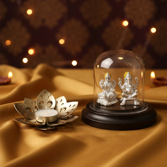 Kyat 999 Pure Silver Lakshmi Ganesh Idol with Lotus Diya Combo
