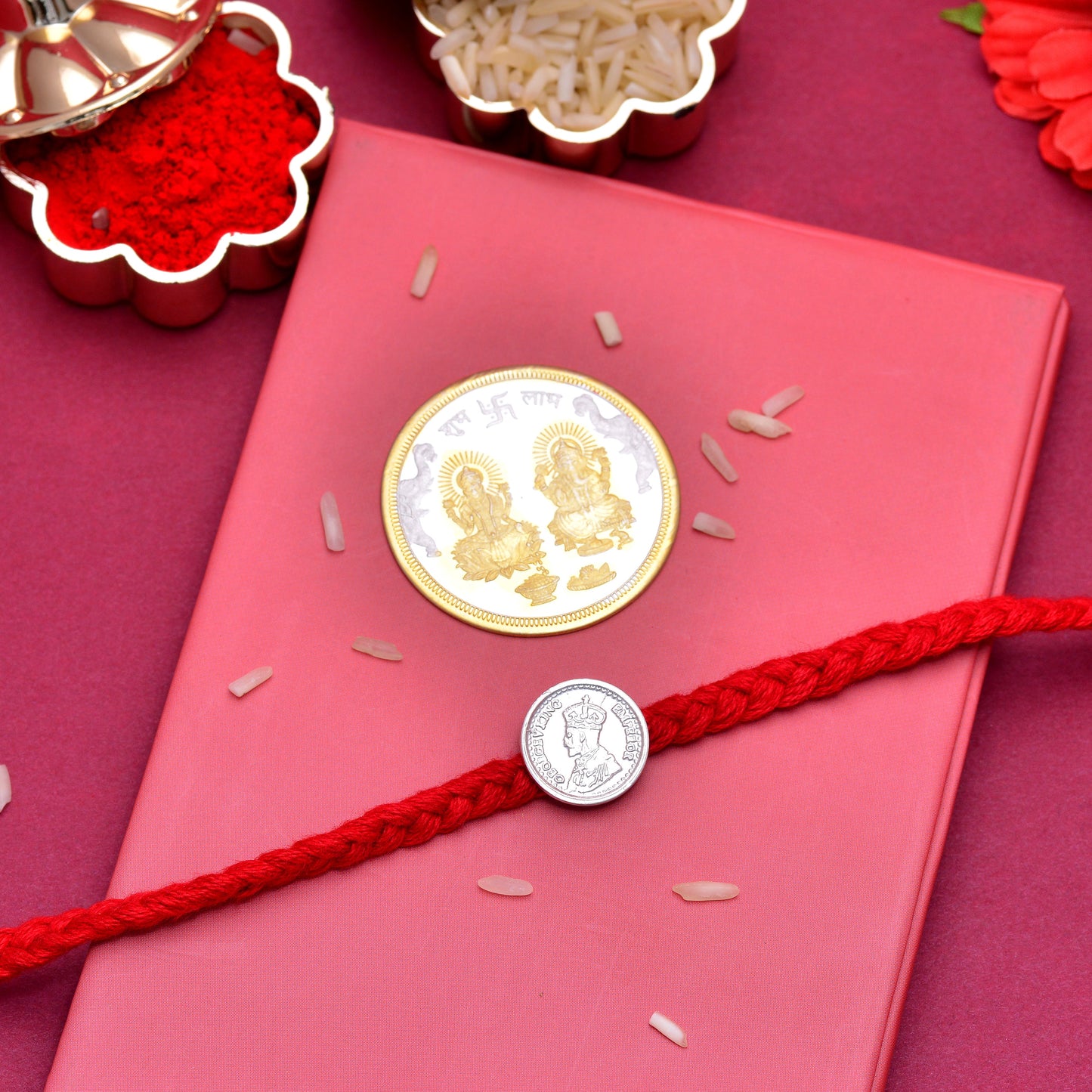 silver coin rakhi 